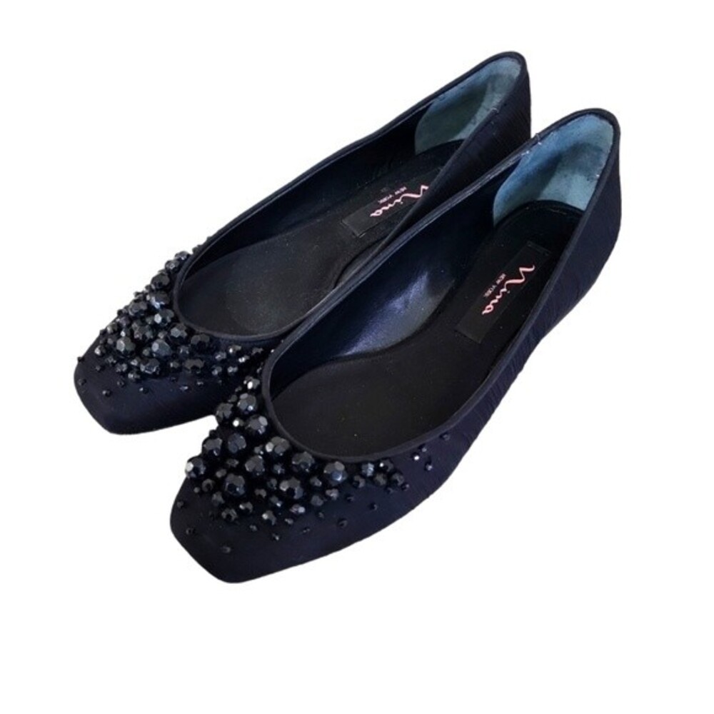 EUC Nina New York women's square toe beaded top flat, slip-on, 6M, black